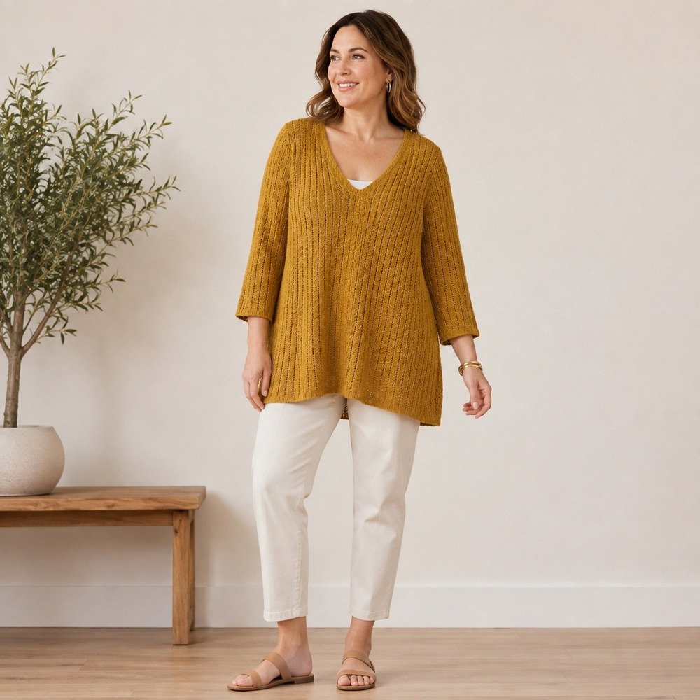 J.Jill Mustard Open Knit V-Neck Tunic Sweater XLP Cotton 3/4 Sleeve